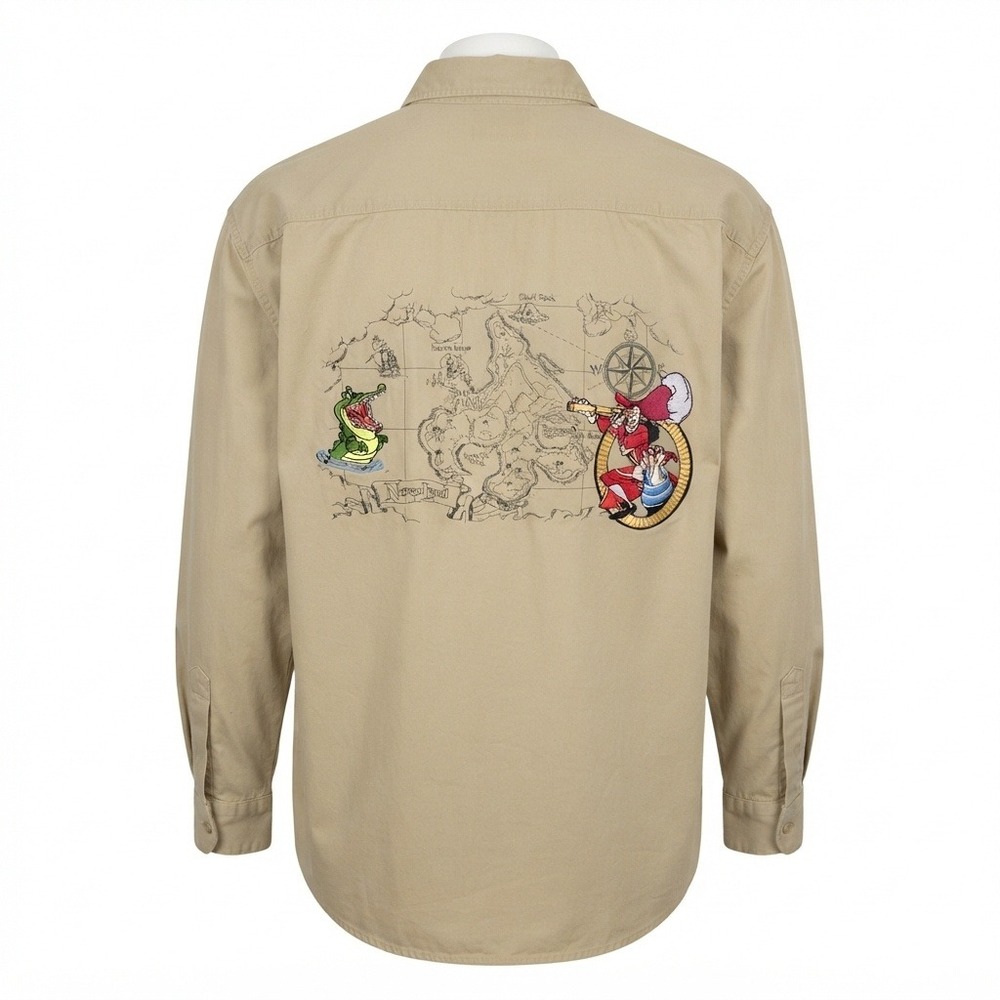 Vintage Disney Store Peter Pan Neverland Embroidered Shirt XL Khaki Captain Hook